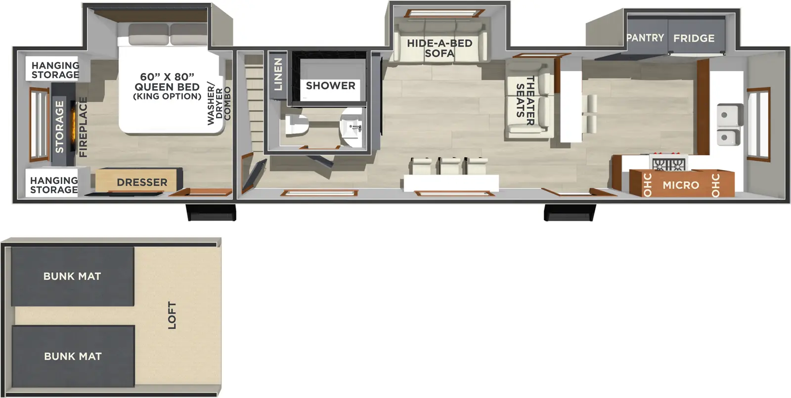The Lost Pines ASPEN floorplan has two entries and three slide outs. Exterior features include: fiberglass exterior. Interiors features include: loft, front kitchen and rear bedroom.